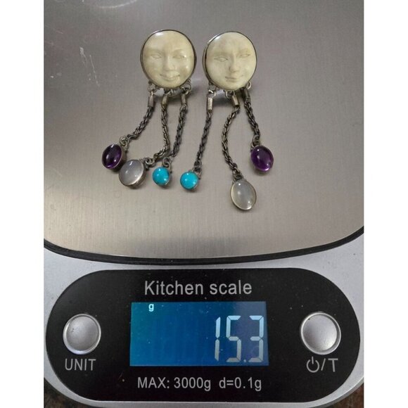 Carved Moon Face Sajen Dangle 925 Earrings Amethyst Turquoise & Moonstone - Picture 14 of 15